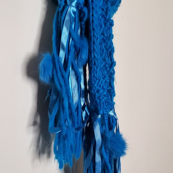 Cerulean Blue Blocked Knit Scarf with Ribbons and Angora Rabbit Hair Puffs - Picture 3 of 11